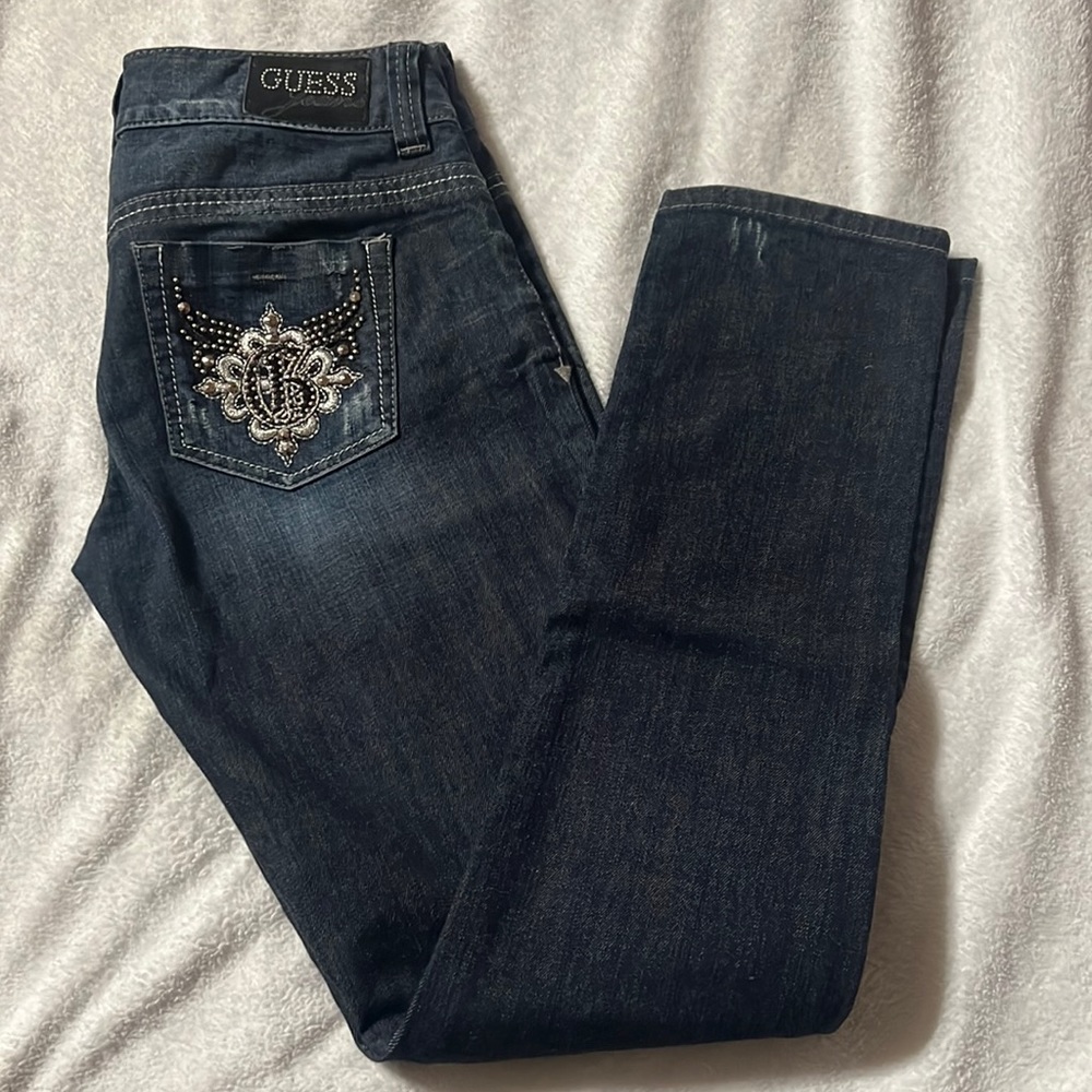 Guess Jeans Daredevil Skinny Leg w Crystal Rhinestone Jewel Pockets Dark wash